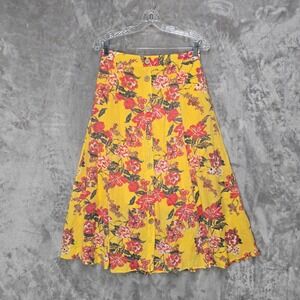 Mlle Gabrielle Yellow Floral Button Front Midi Skirt Women Cottagecore Boho M‎